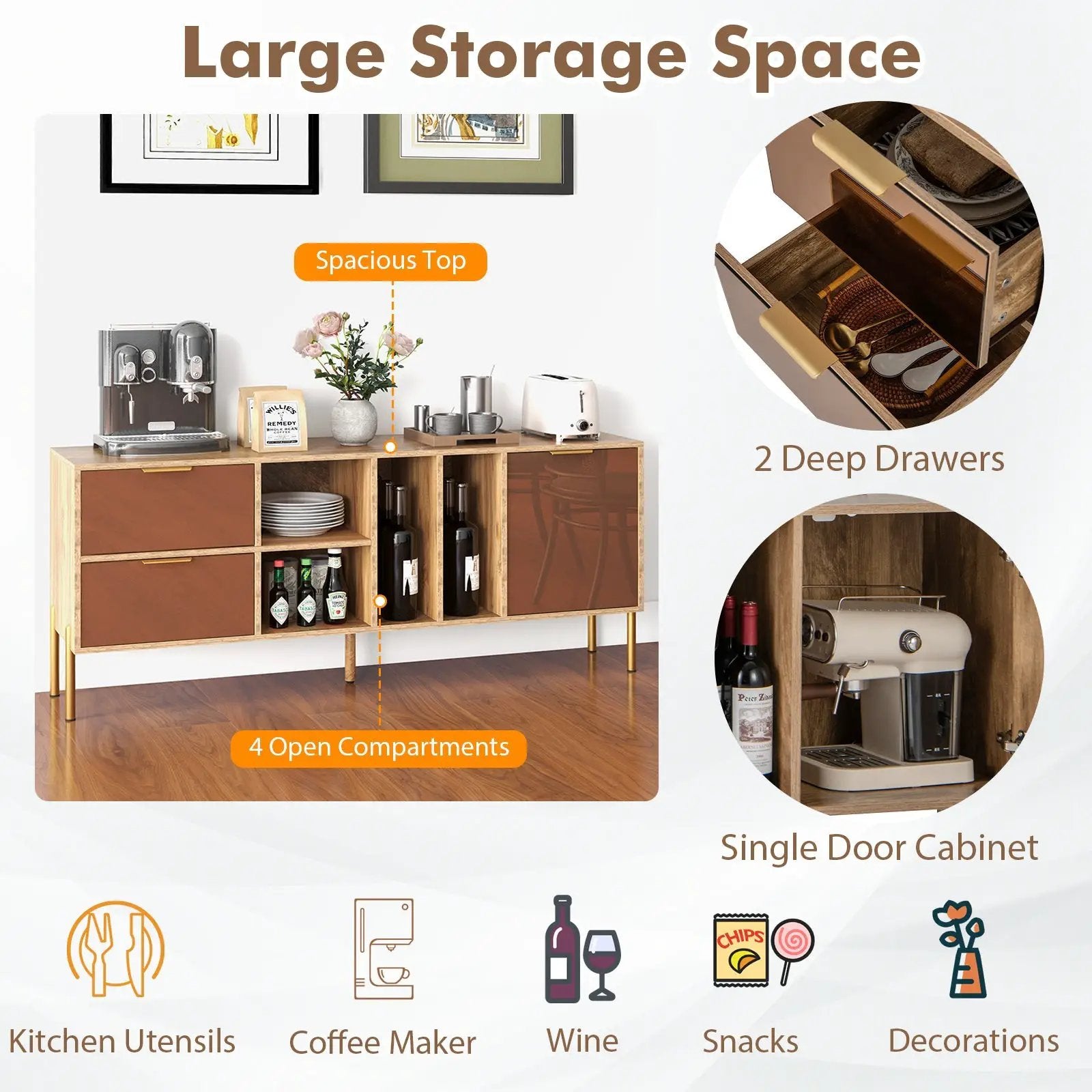Mirrored Buffet Cabinet with 2 Drawers and 1 Door for Living Room-Natural by DirectDeals