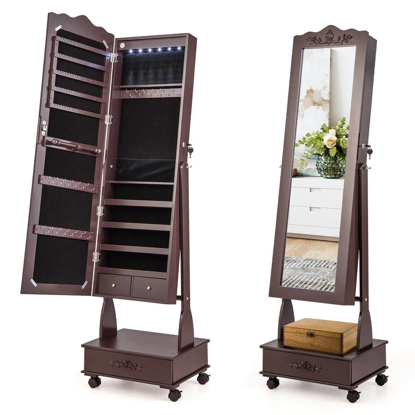 Rolling Floor Standing Mirrored Jewelry Armoire with Lock and Drawers by DirectDeals