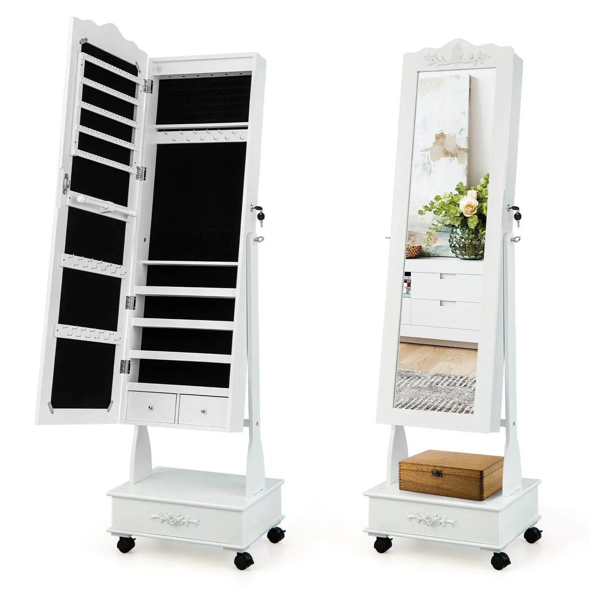 Rolling Floor Standing Mirrored Jewelry Armoire with Lock and Drawers, photo 10 of 10