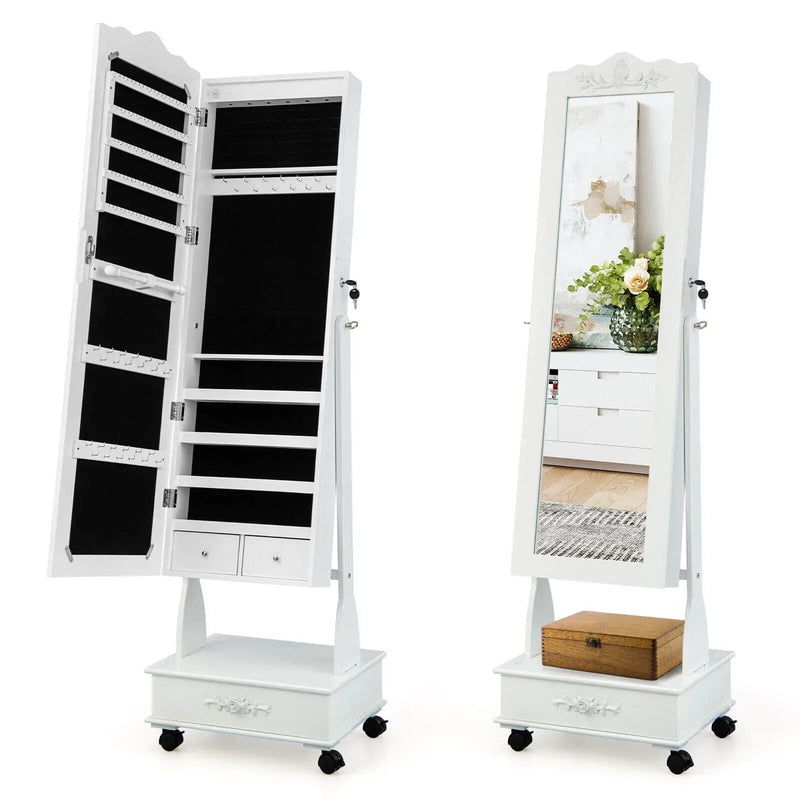 Rolling Floor Standing Mirrored Jewelry Armoire with Lock and Drawers by DirectDeals