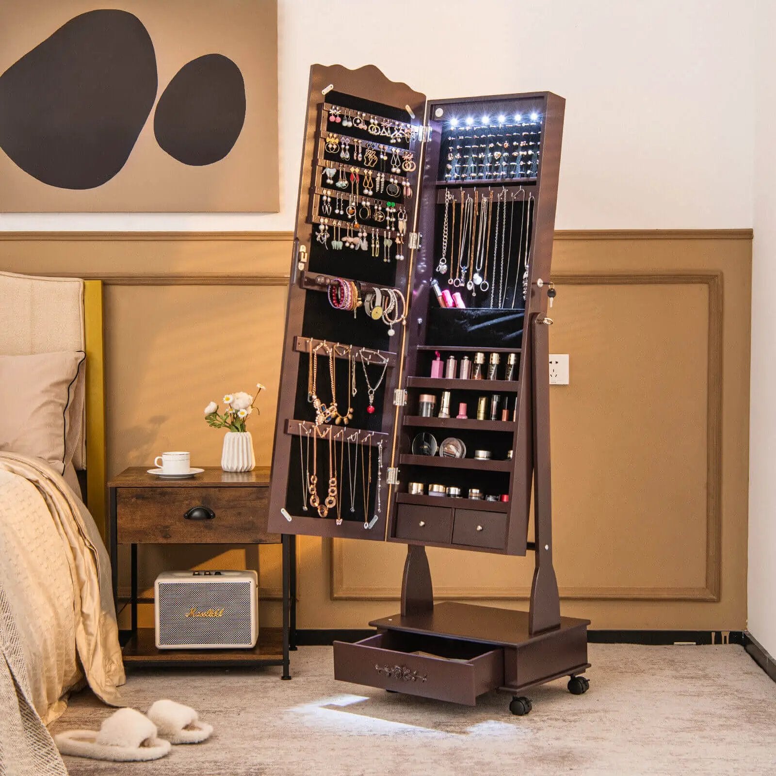 Rolling Floor Standing Mirrored Jewelry Armoire with Lock and Drawers by DirectDeals