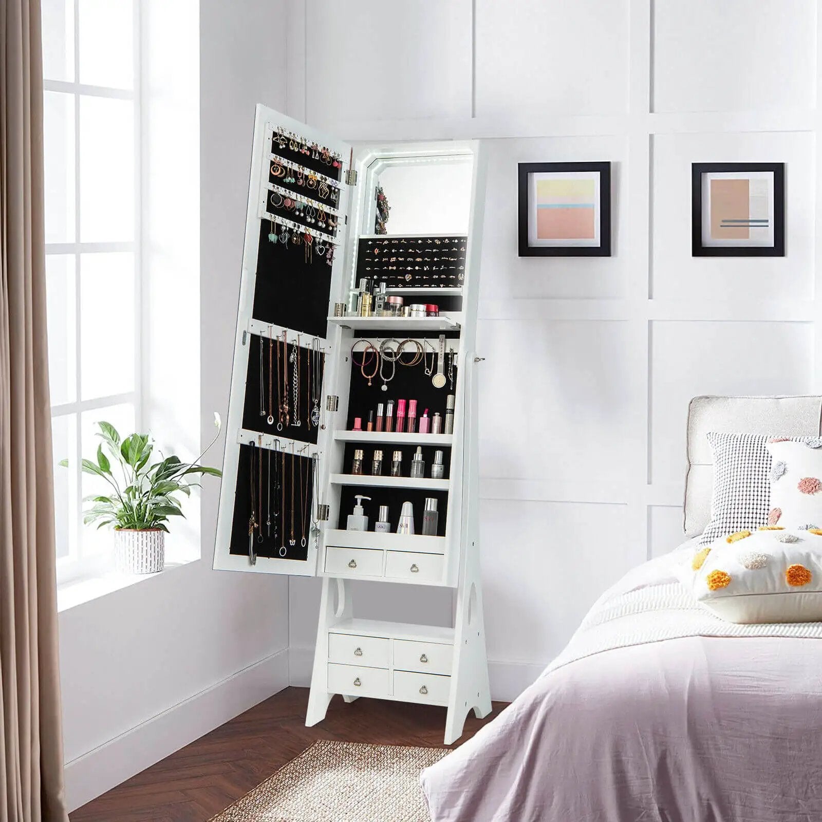 Freestanding Full Length LED Mirrored Jewelry Armoire with 6 Drawers by DirectDeals