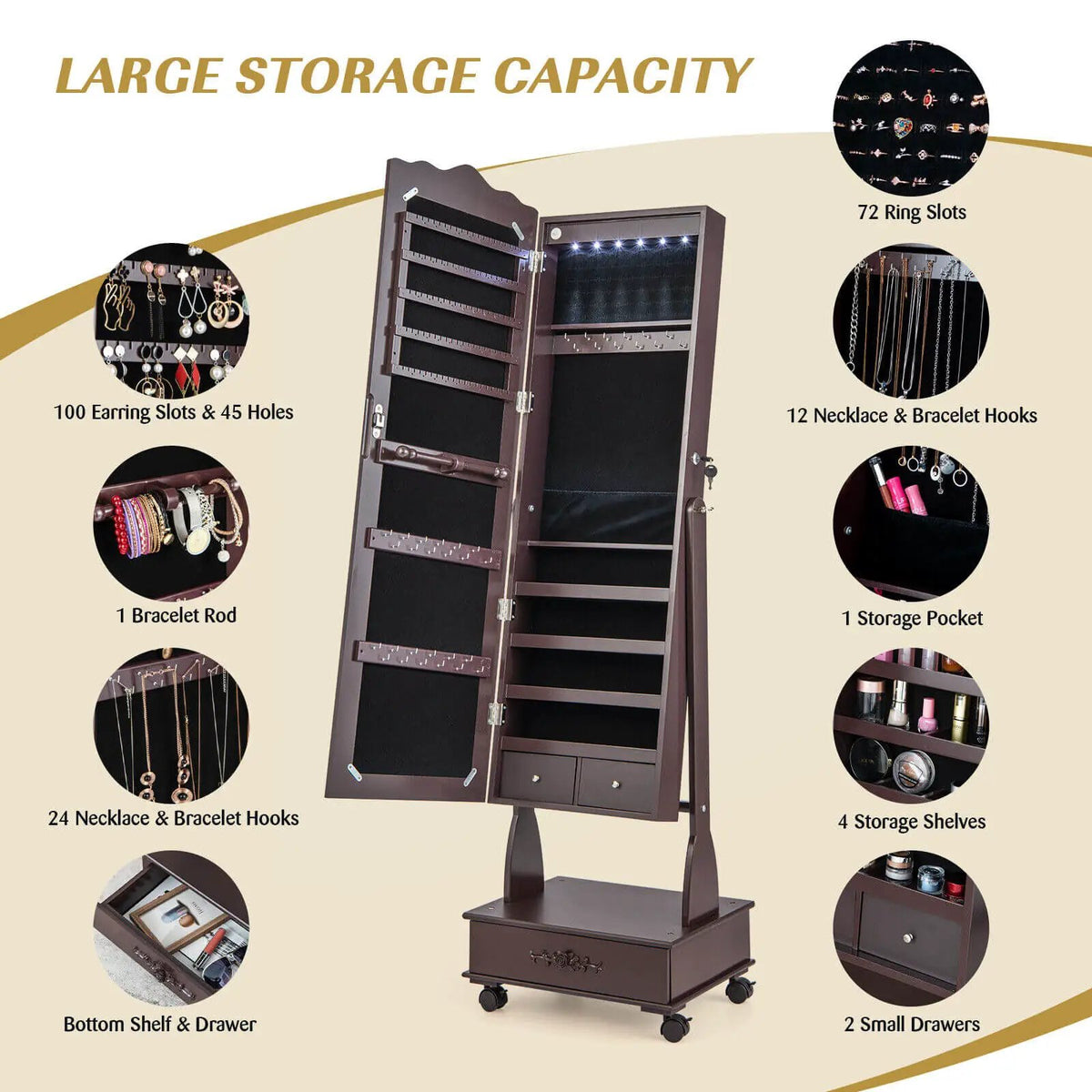 Rolling Floor Standing Mirrored Jewelry Armoire with Lock and Drawers, photo 7 of 10