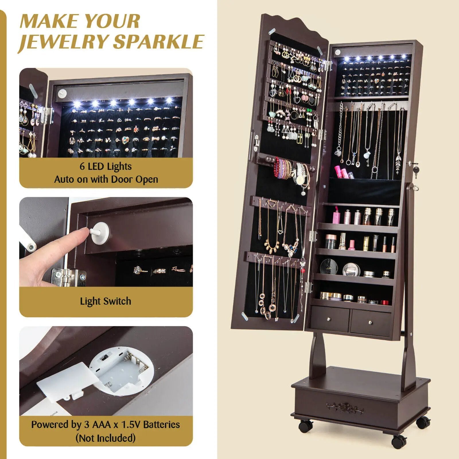 Rolling Floor Standing Mirrored Jewelry Armoire with Lock and Drawers by DirectDeals