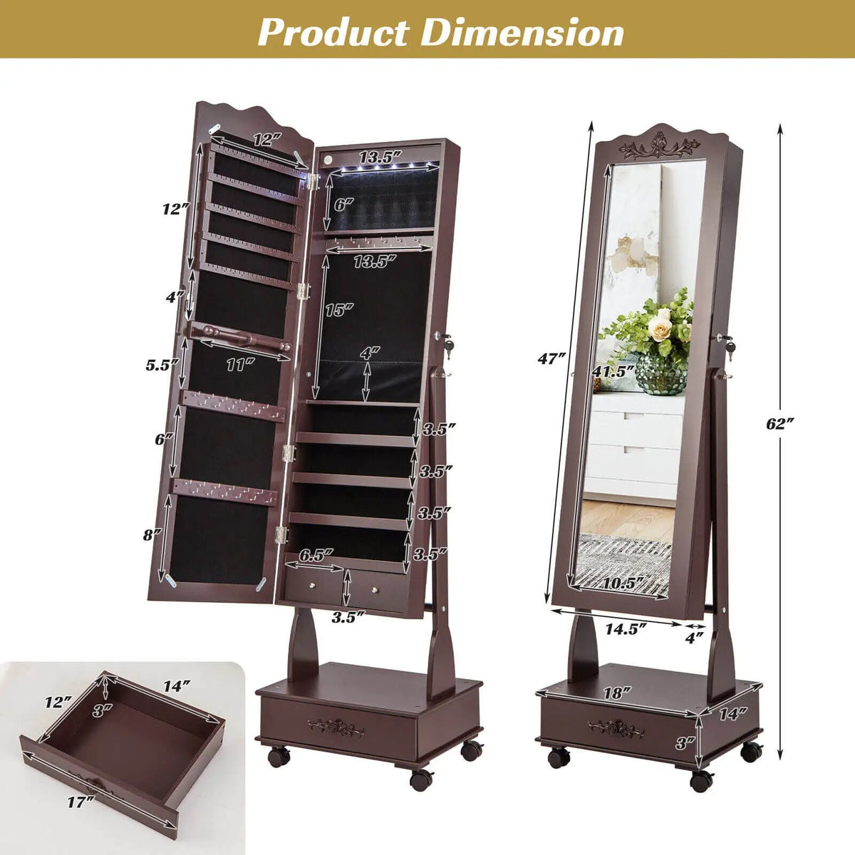Rolling Floor Standing Mirrored Jewelry Armoire with Lock and Drawers, dimensions drawing