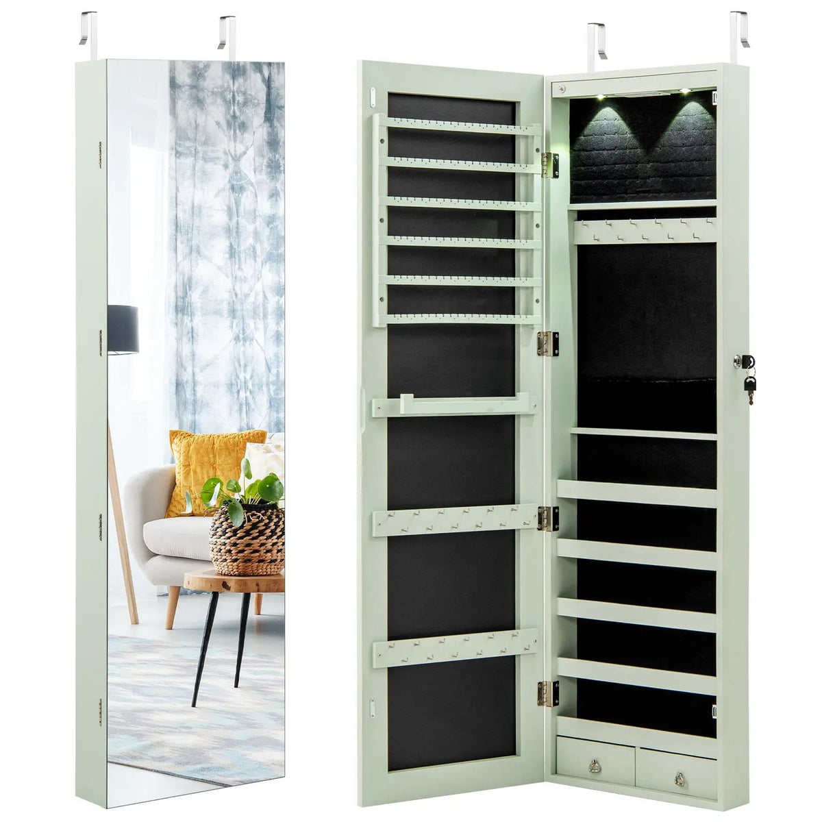 Wall and Door Mounted Mirrored Jewelry Cabinet with Lights, photo 12 of 17