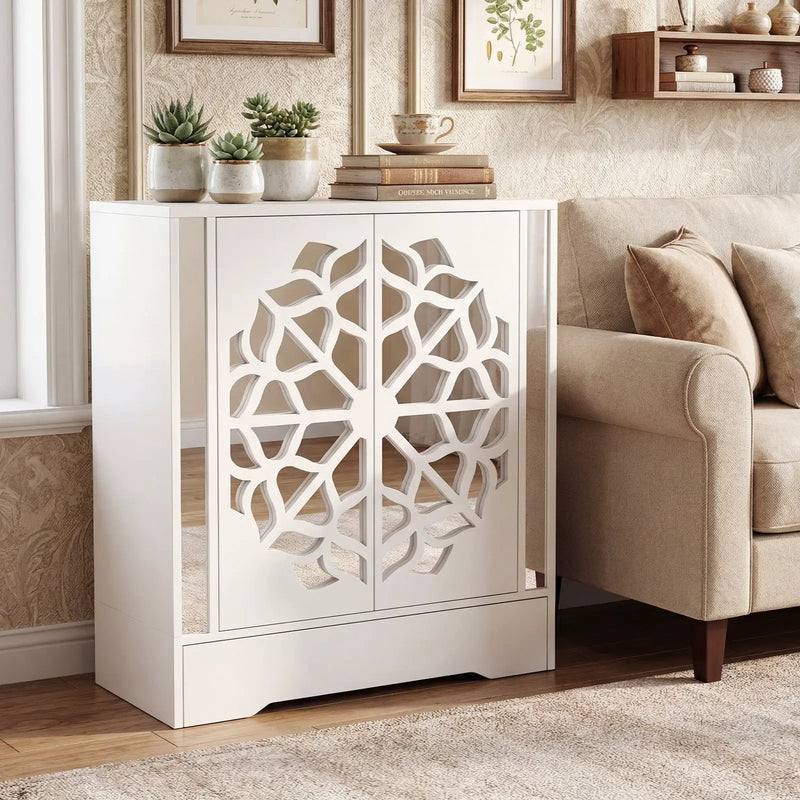 Mirrored Shoe Cabinet 4-Tier Shoe Organizer with Large Drawer-White by DirectDeals