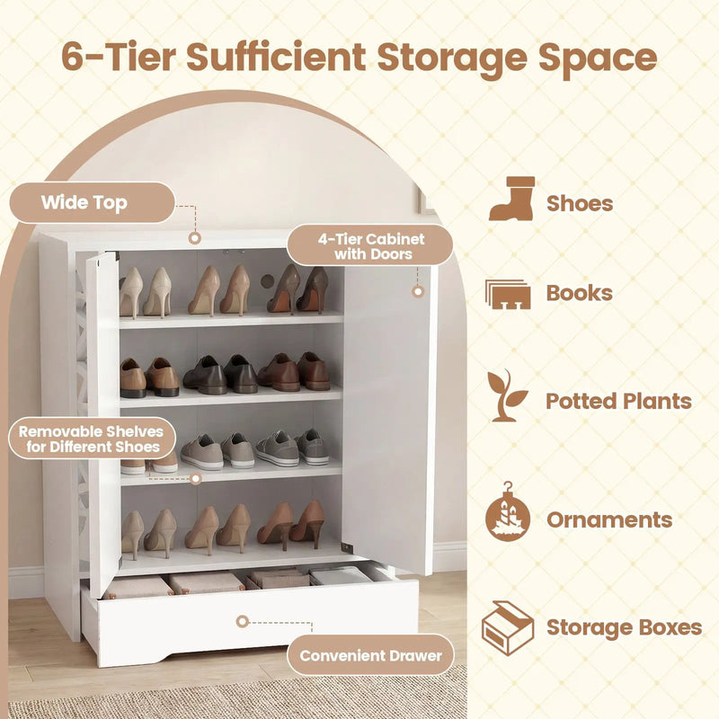 Mirrored Shoe Cabinet 4-Tier Shoe Organizer with Large Drawer-White by DirectDeals