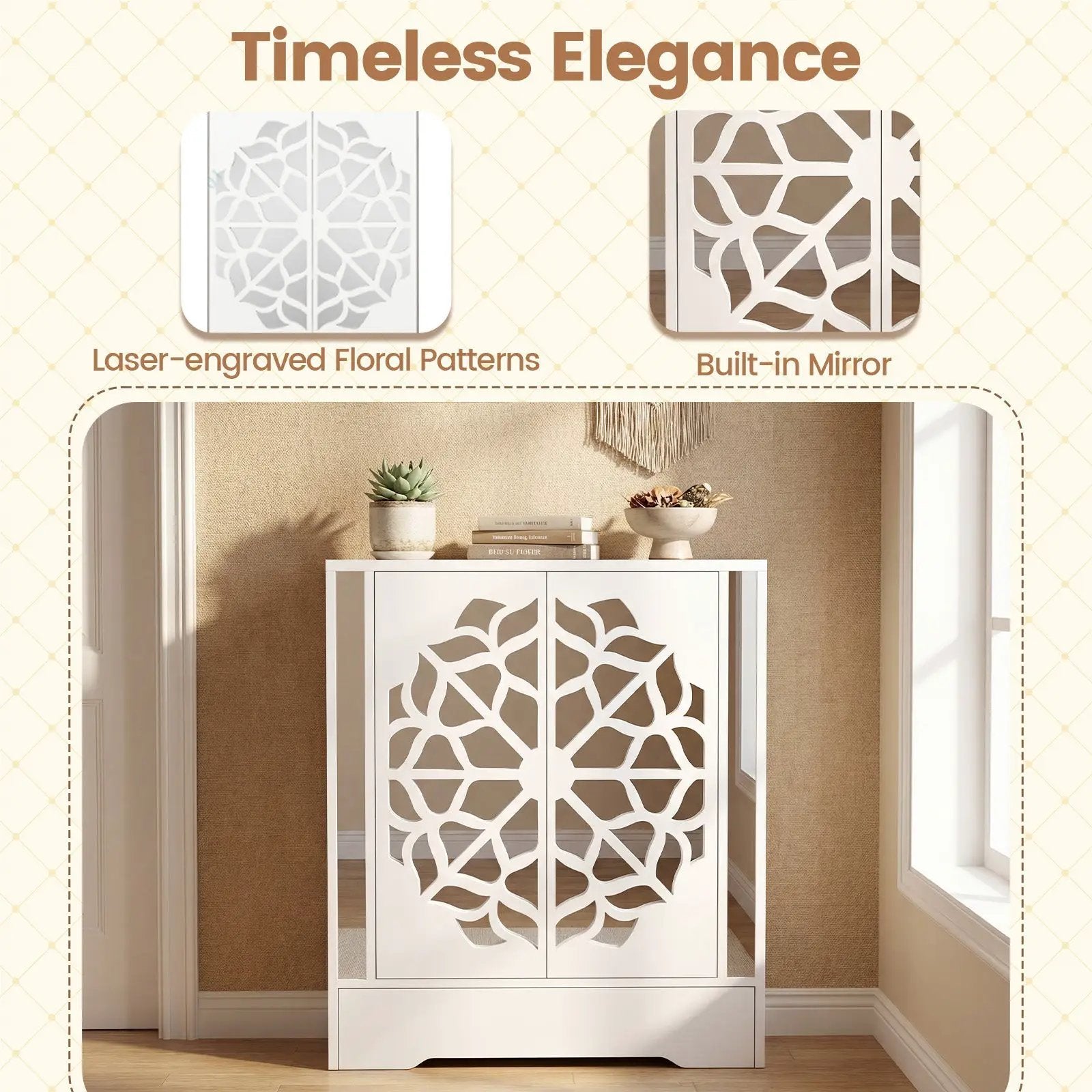 Mirrored Shoe Cabinet 4-Tier Shoe Organizer with Large Drawer-White by DirectDeals
