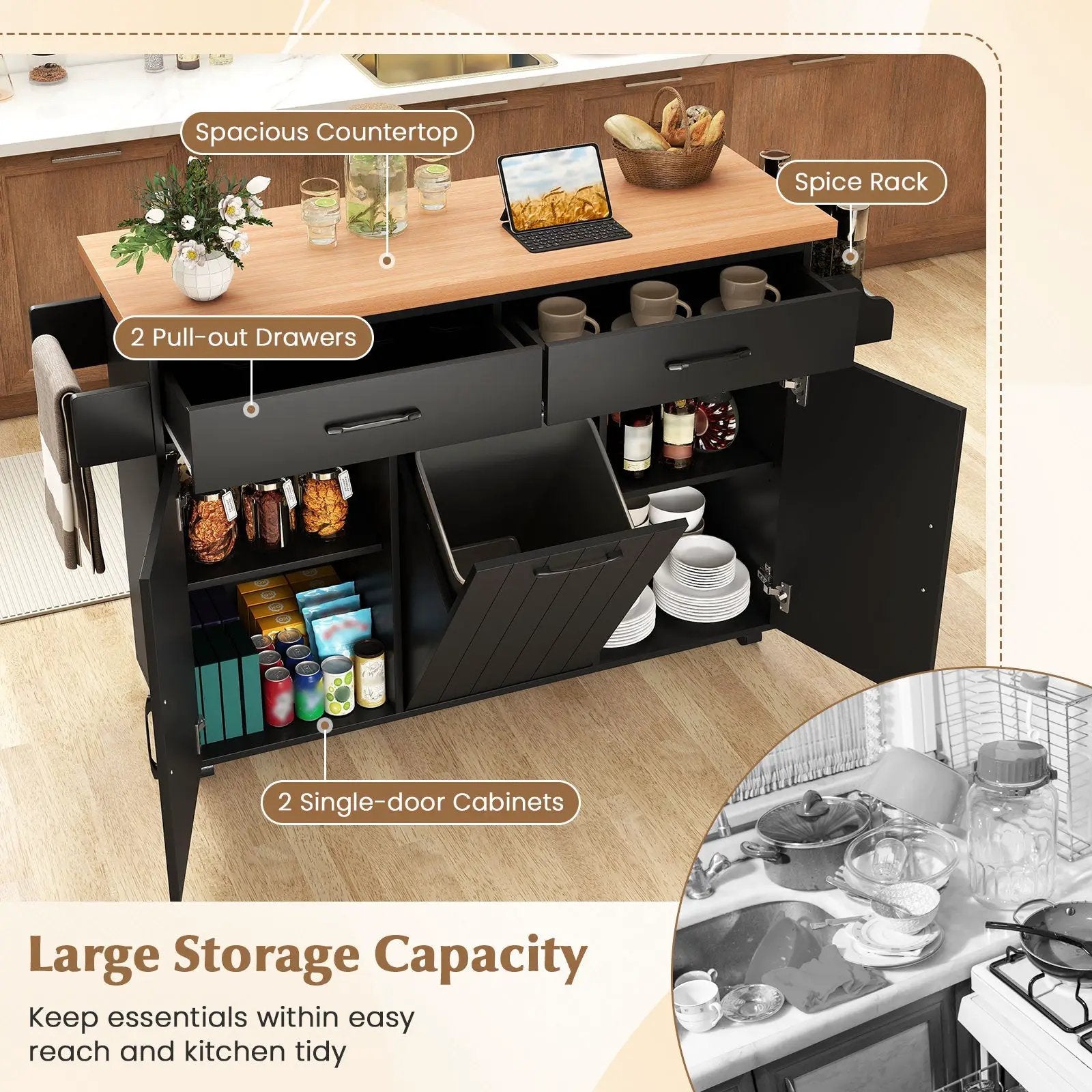 Mobile Kitchen Island Table with Trash Bag Storage for Dining Room by DirectDeals