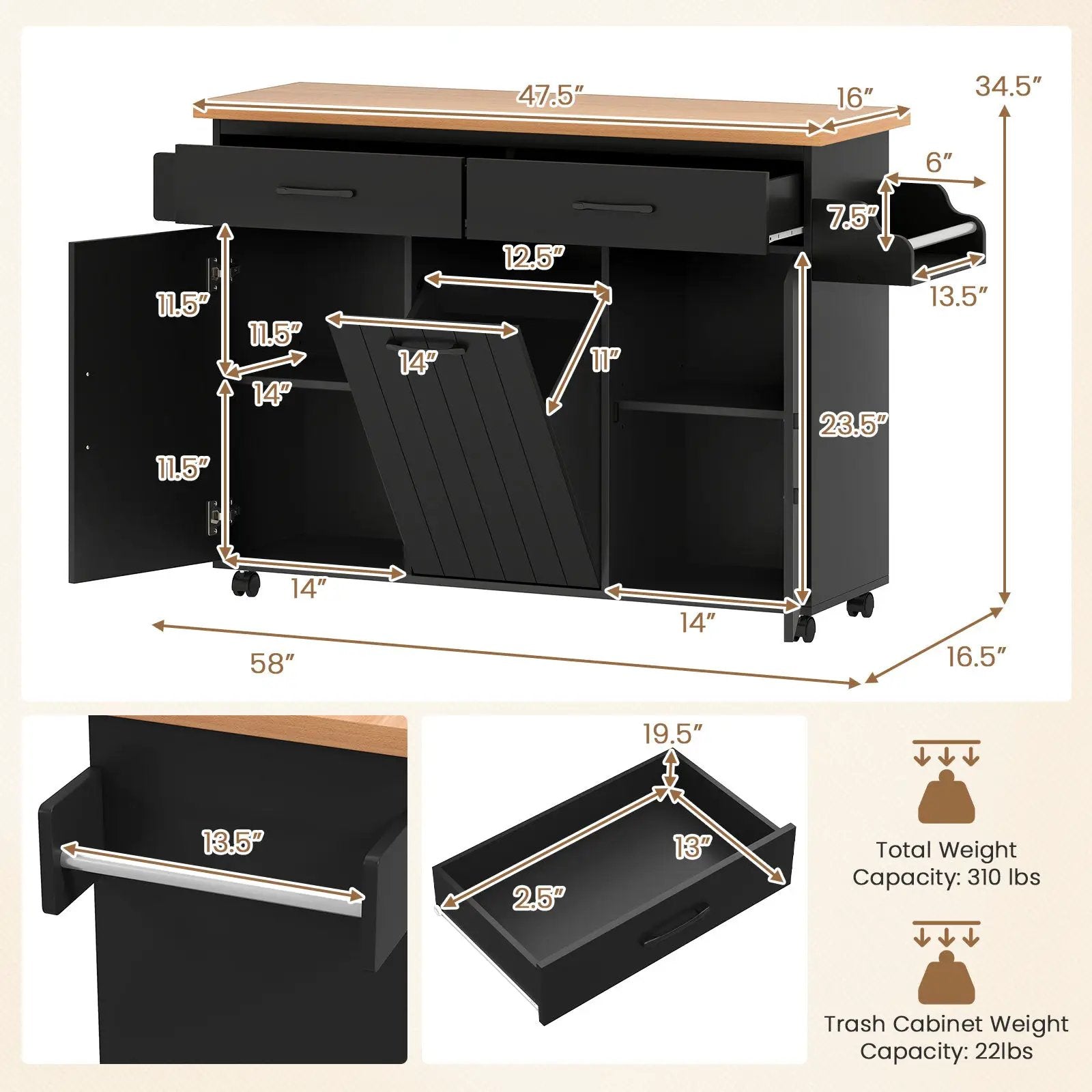 Mobile Kitchen Island Table with Trash Bag Storage for Dining Room by DirectDeals