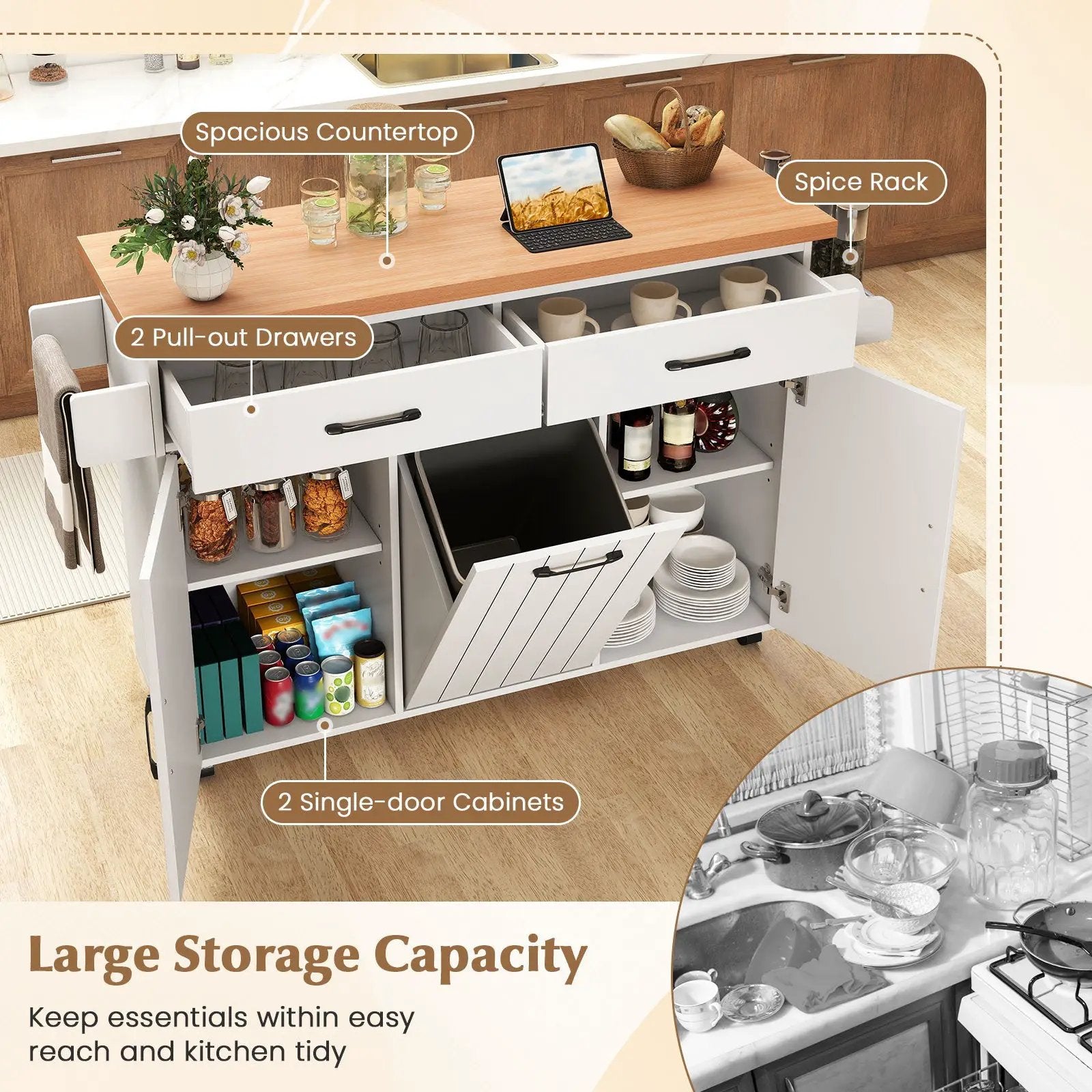 Mobile Kitchen Island Table with Trash Bag Storage for Dining Room by DirectDeals