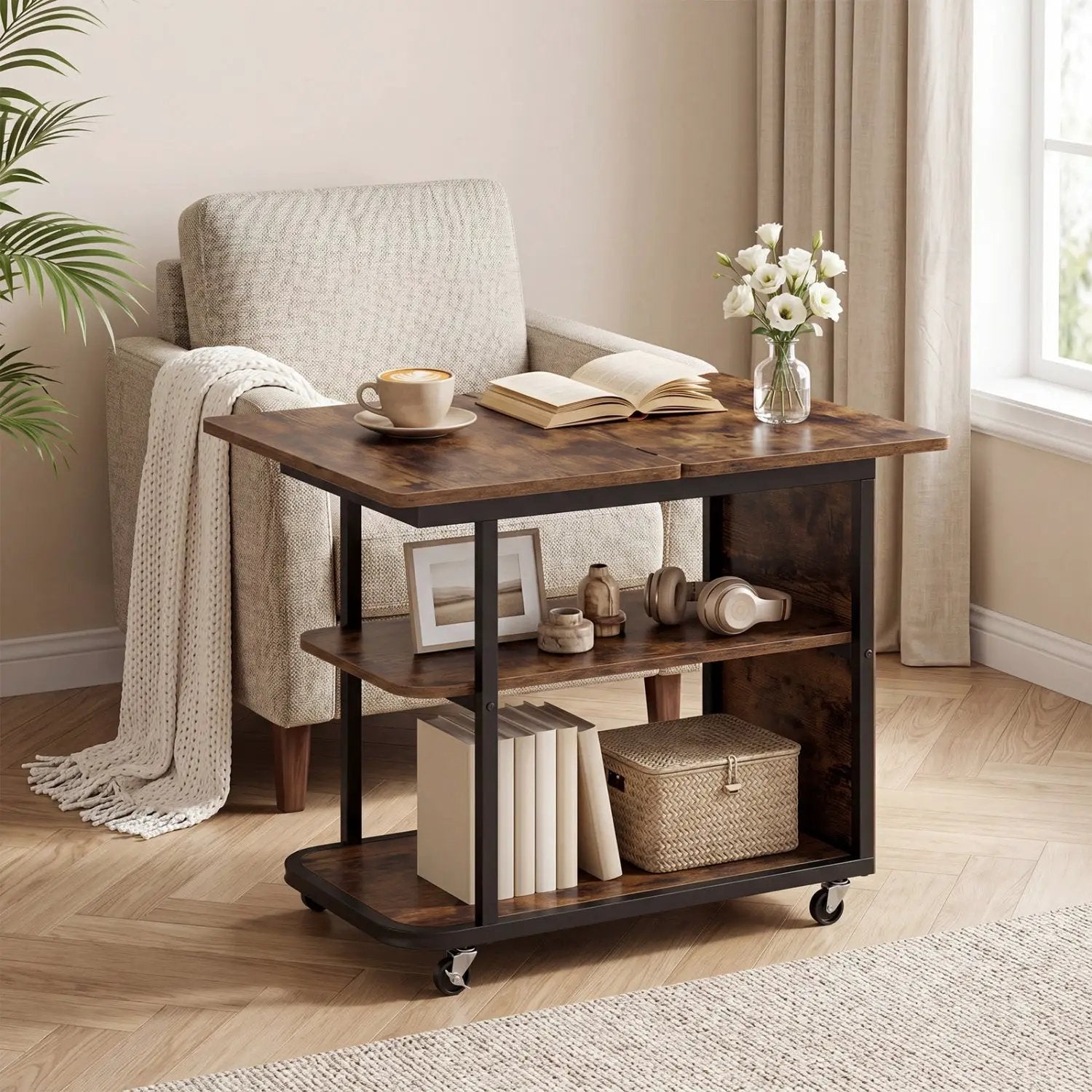Mobile Side Table with Foldable Swivel Top and 2-Tier Shelf by DirectDeals
