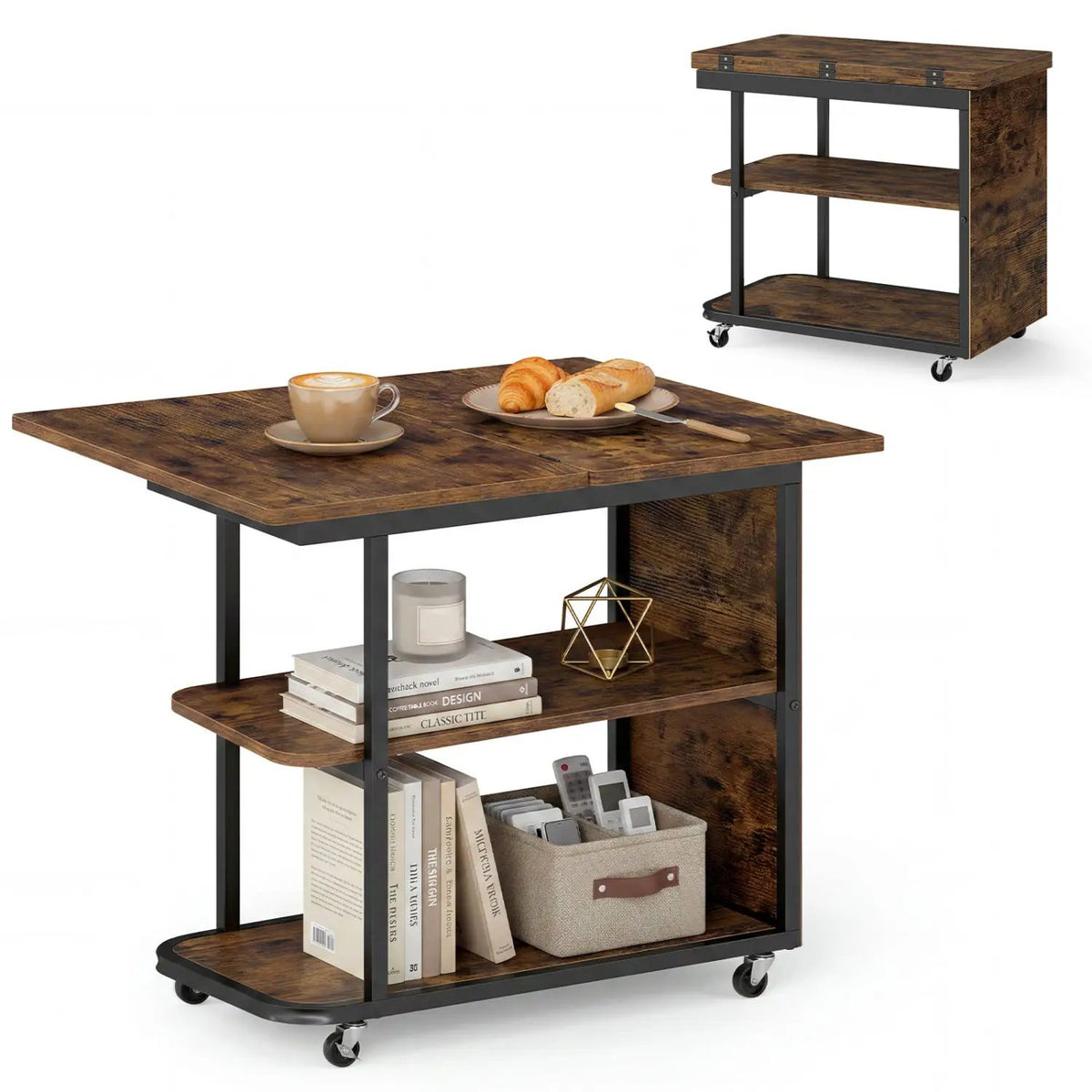 Mobile Side Table with Foldable Swivel Top and 2-Tier Shelf, photo 12 of 16