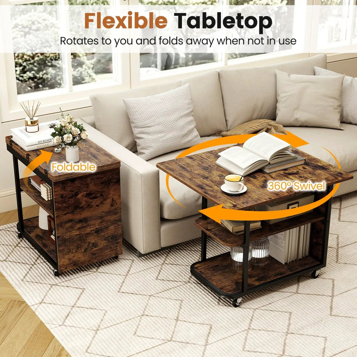 Mobile Side Table with Foldable Swivel Top and 2-Tier Shelf, photo 16 of 16