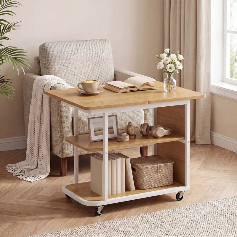 Mobile Side Table with Foldable Swivel Top and 2-Tier Shelf by DirectDeals