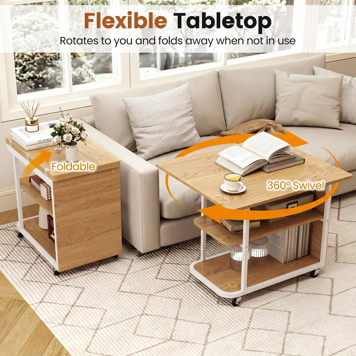 Mobile Side Table with Foldable Swivel Top and 2-Tier Shelf by DirectDeals