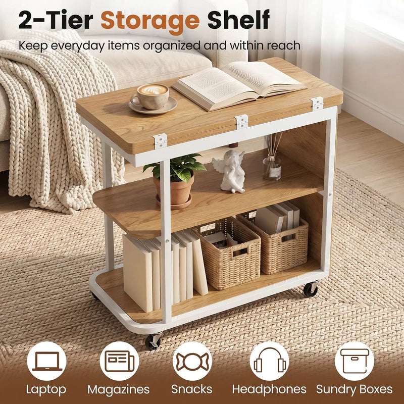 Mobile Side Table with Foldable Swivel Top and 2-Tier Shelf by DirectDeals