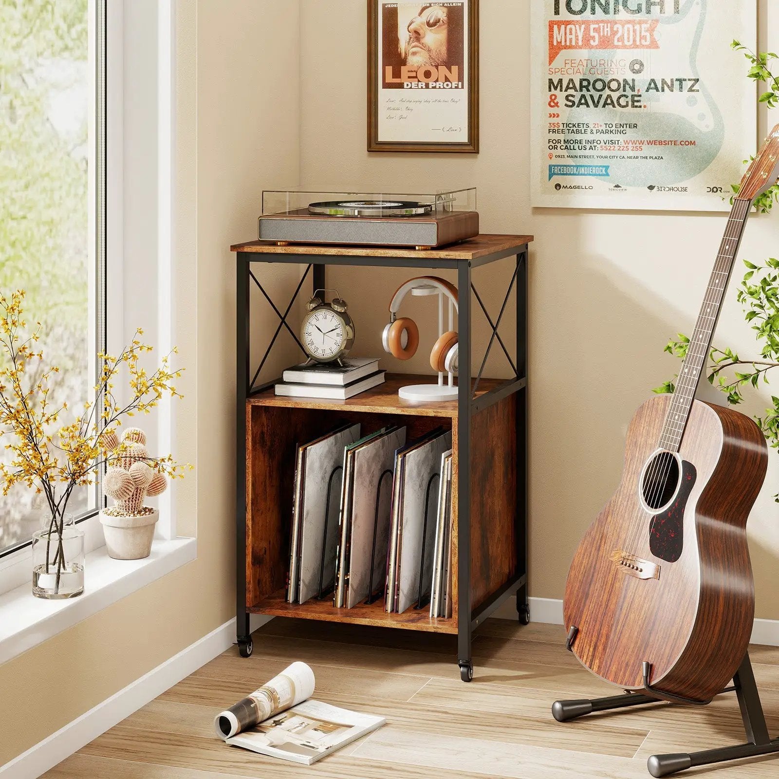 Mobile Record Player Stand with Power Outlet with Open Shelf and Dividers-Rustic Brown by DirectDeals