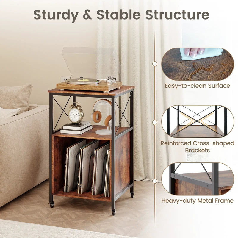 Mobile Record Player Stand with Power Outlet with Open Shelf and Dividers-Rustic Brown by DirectDeals