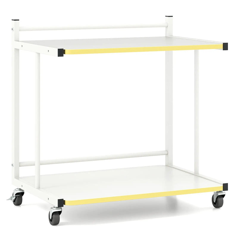 Mobile Side Table 2-Tier Rolling End Table with Open Shelves & Golden Trimmed Edges-White by DirectDeals