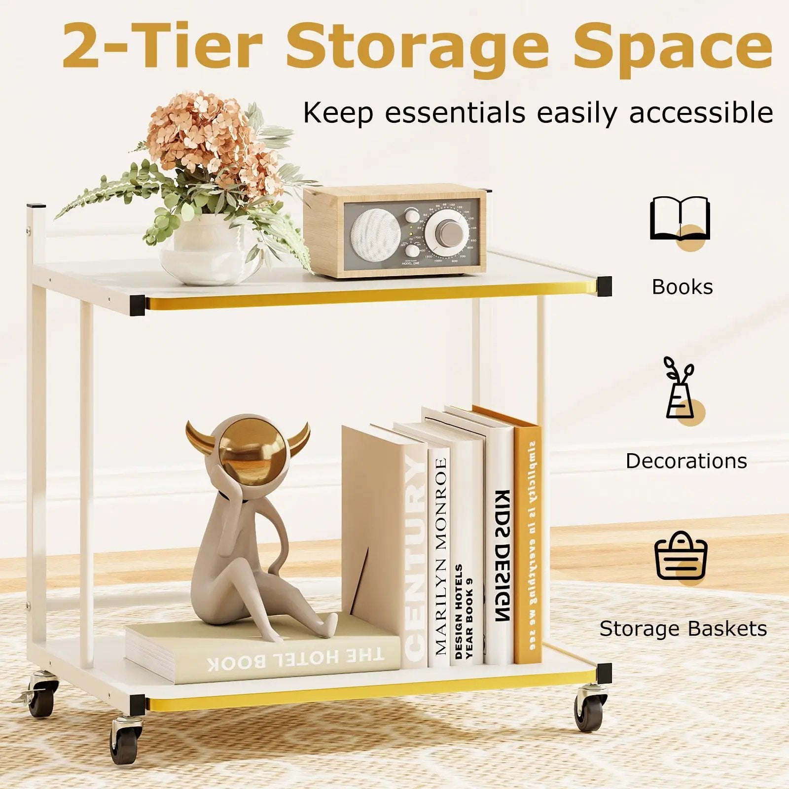 Mobile Side Table 2-Tier Rolling End Table with Open Shelves & Golden Trimmed Edges-White by DirectDeals