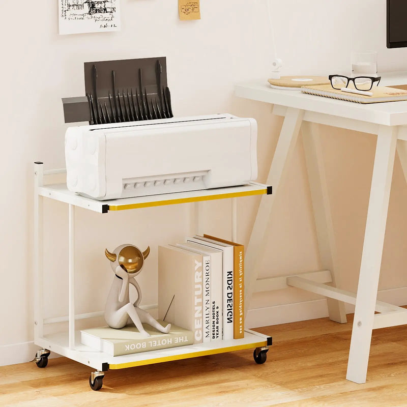 Mobile Side Table 2-Tier Rolling End Table with Open Shelves & Golden Trimmed Edges-White by DirectDeals