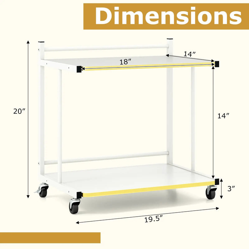Mobile Side Table 2-Tier Rolling End Table with Open Shelves & Golden Trimmed Edges-White by DirectDeals