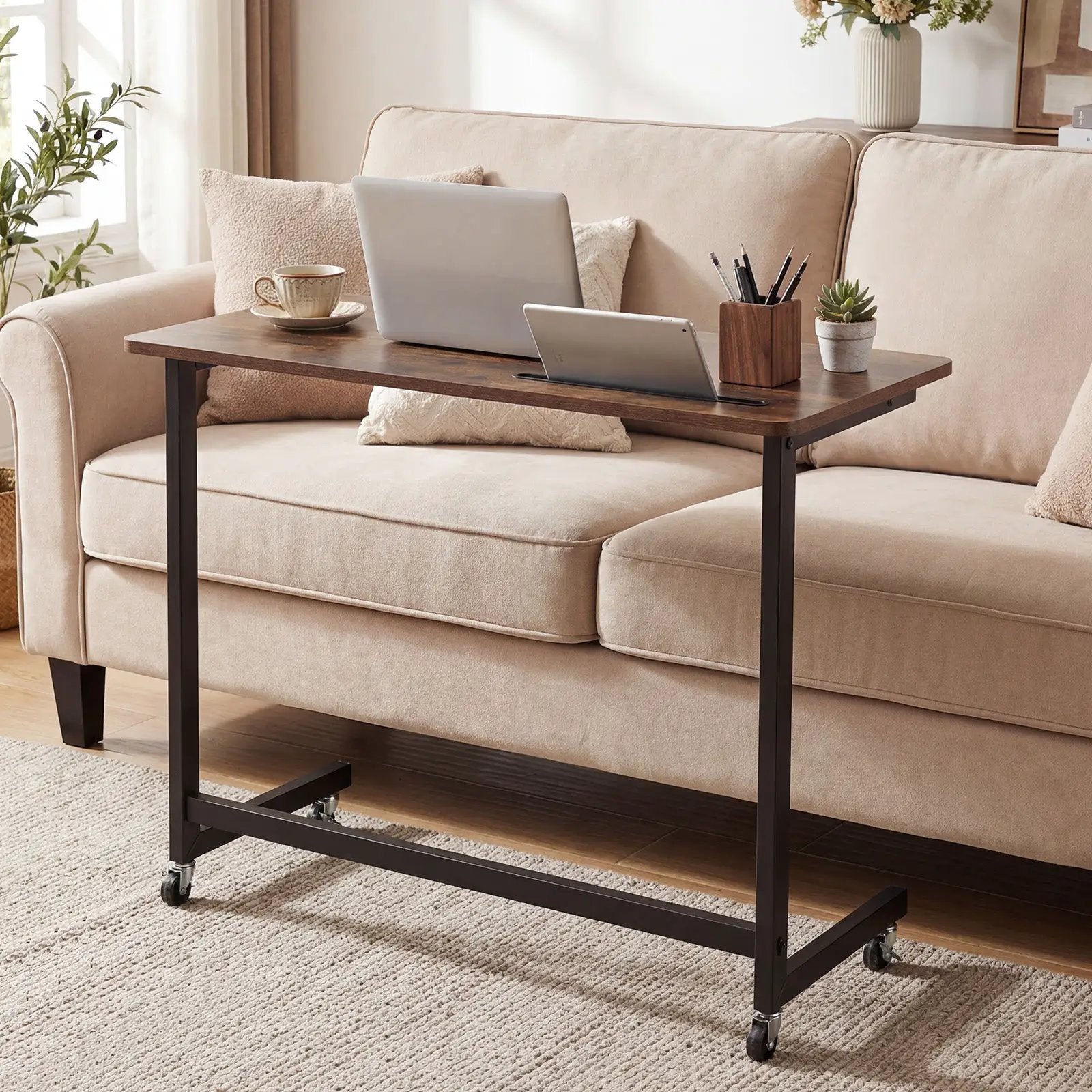Mobile Side Table Rolling Laptop Desk Cart with Tablet Slot-Rustic Brown by DirectDeals