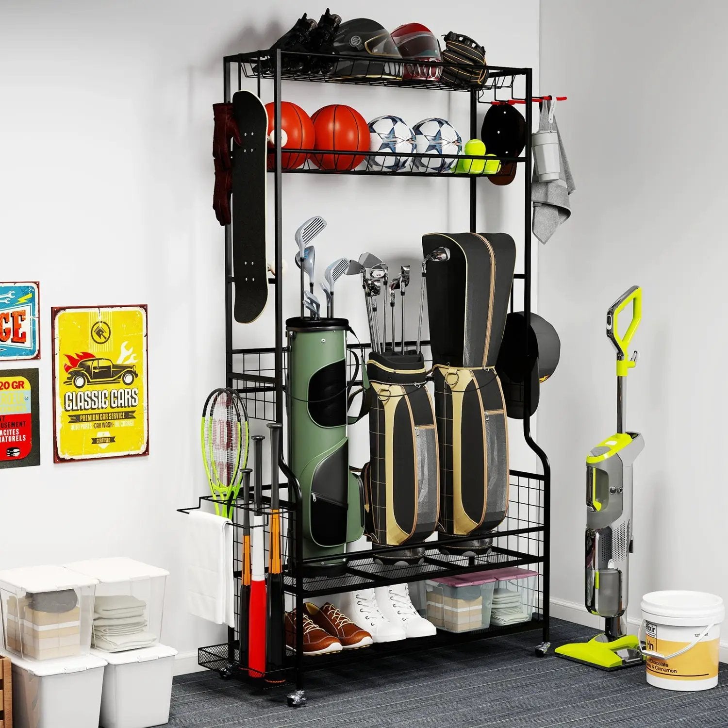 Mobile Sports Equipment Organizer with Golf Bags Storage and Club Rack by DirectDeals