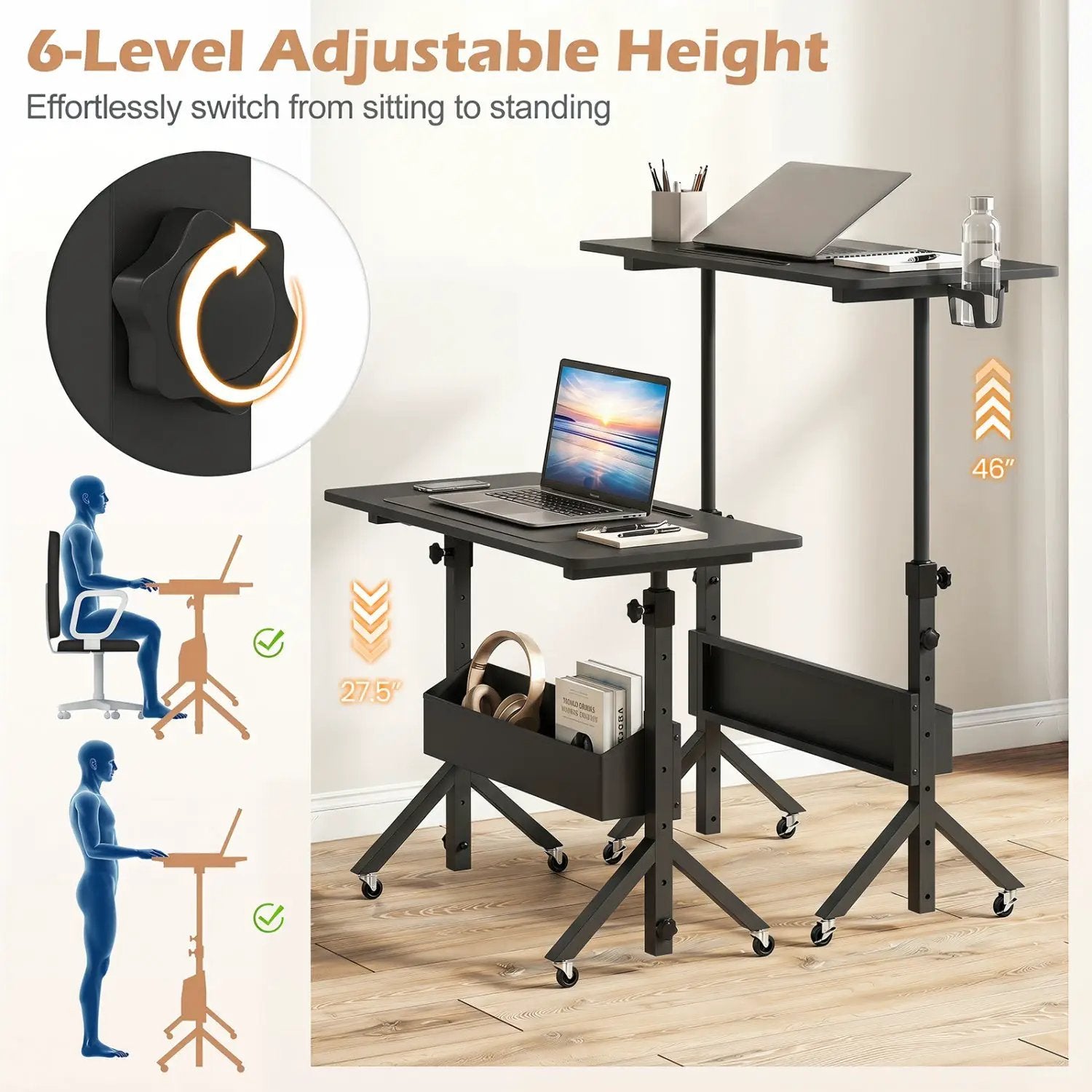 Mobile Standing Desk with Adjustable Height and Wheels by DirectDeals