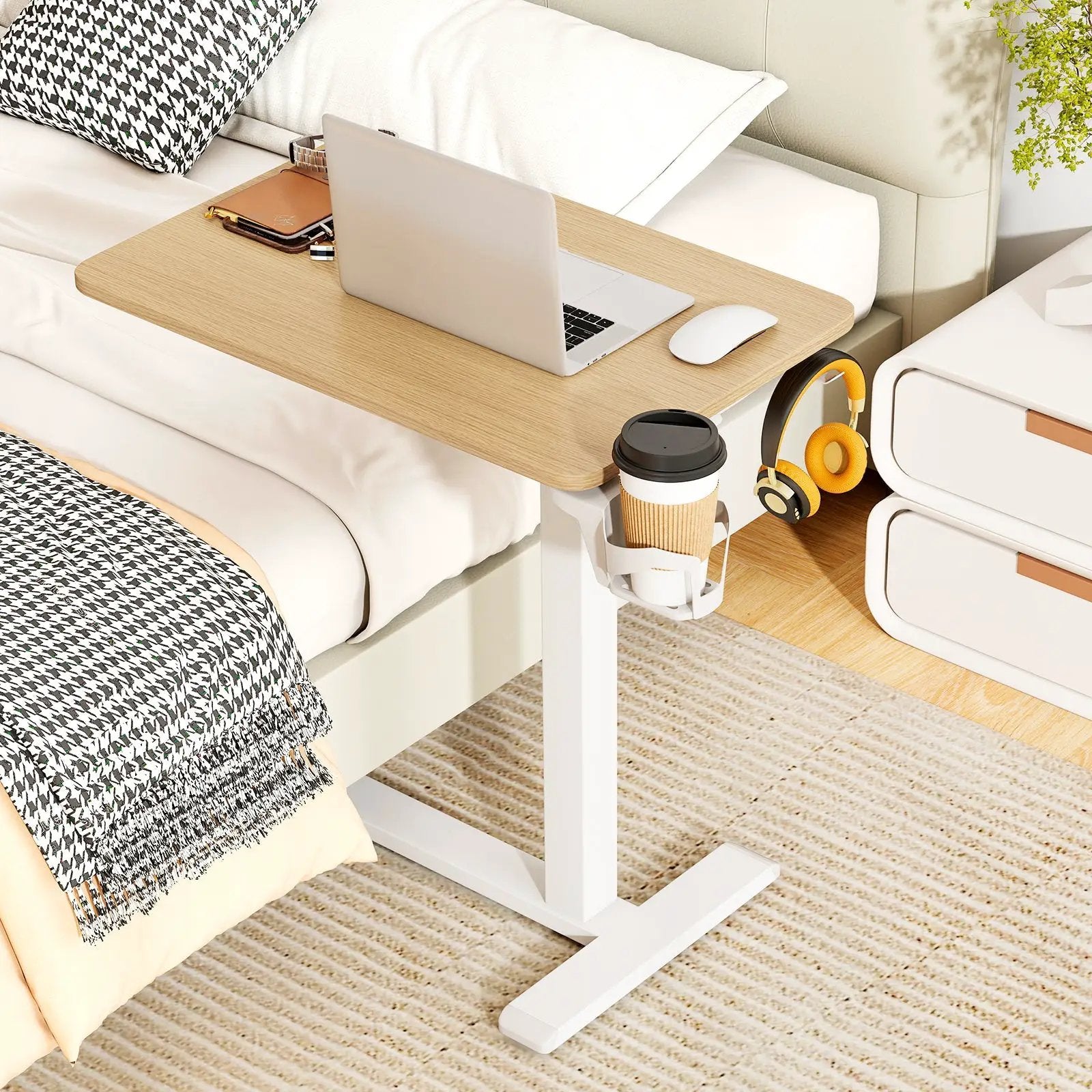 Mobile Standing Desk Height Adjustable Overbed Bedside Table with Cup Holder by DirectDeals