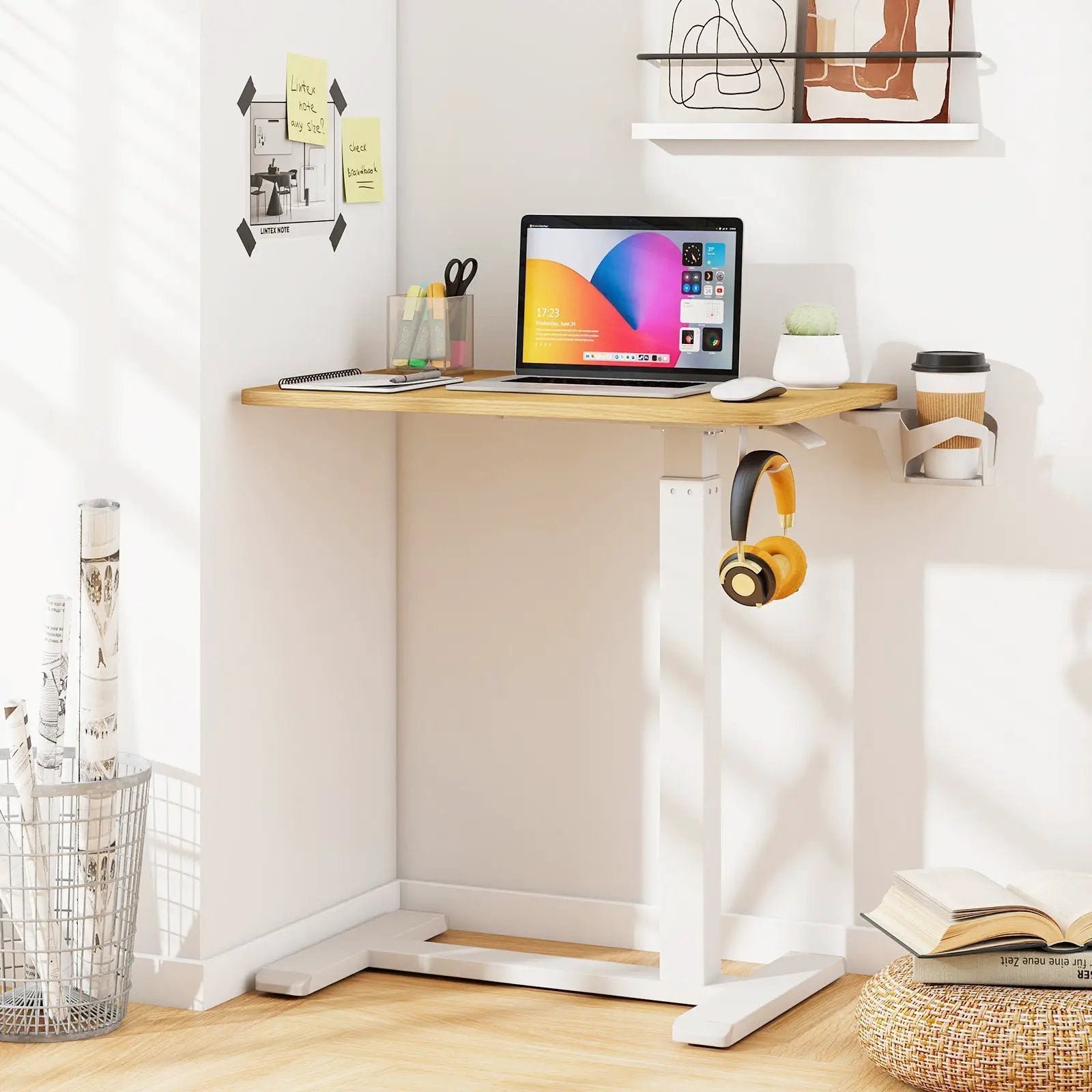 Mobile Standing Desk Height Adjustable Overbed Bedside Table with Cup Holder by DirectDeals