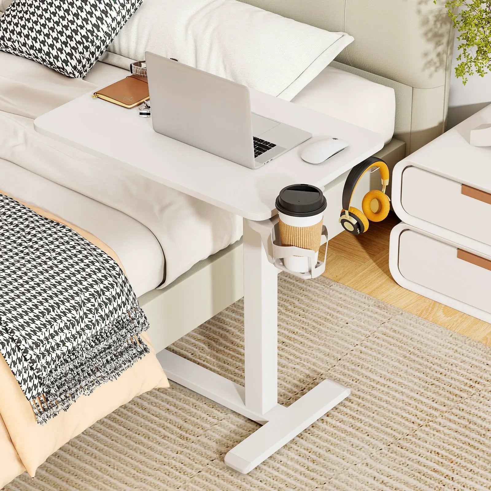 Mobile Standing Desk Height Adjustable Overbed Bedside Table with Cup Holder by DirectDeals