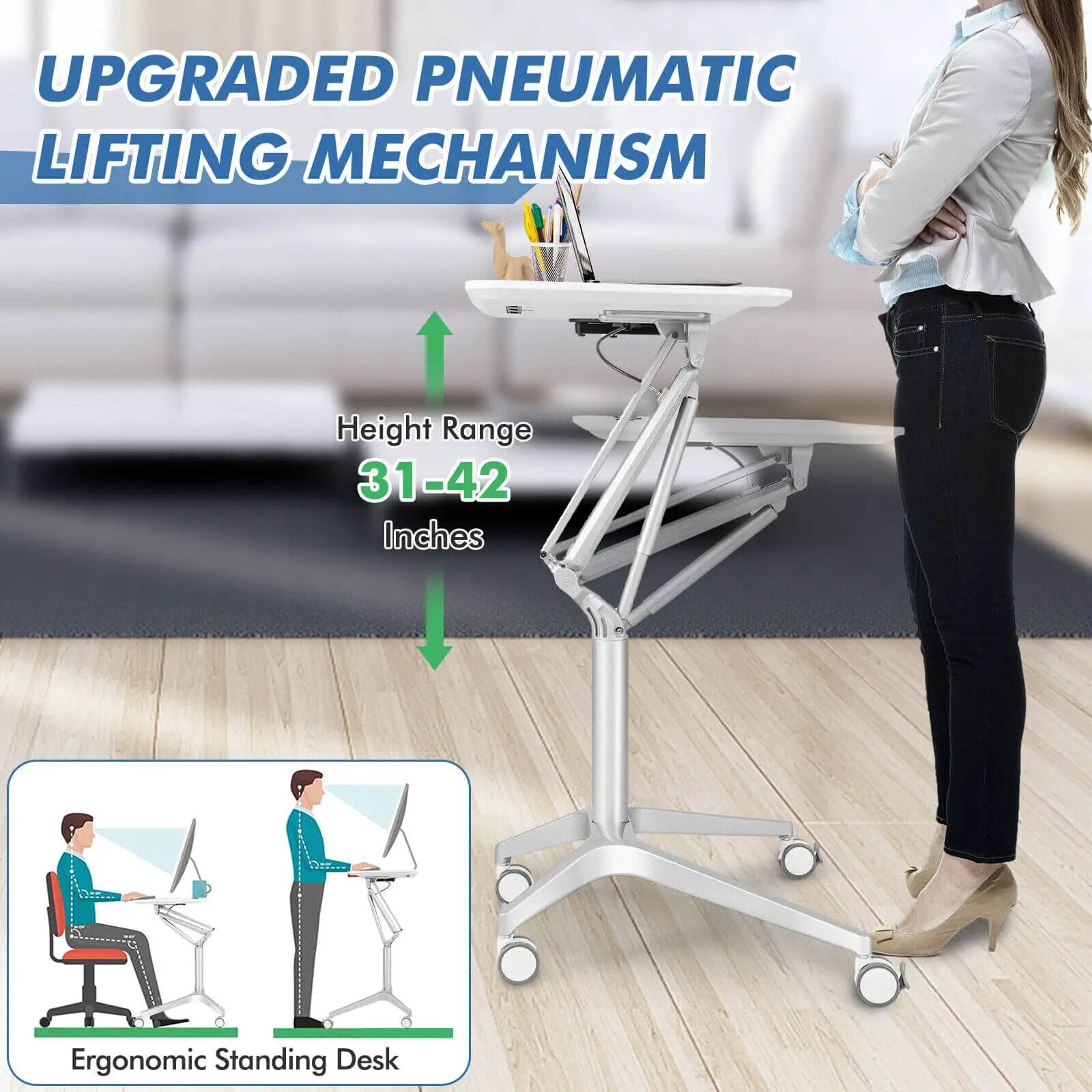 Mobile Standing Laptop Desk with Tablet Holder and 4 Rolling Casters-White by DirectDeals