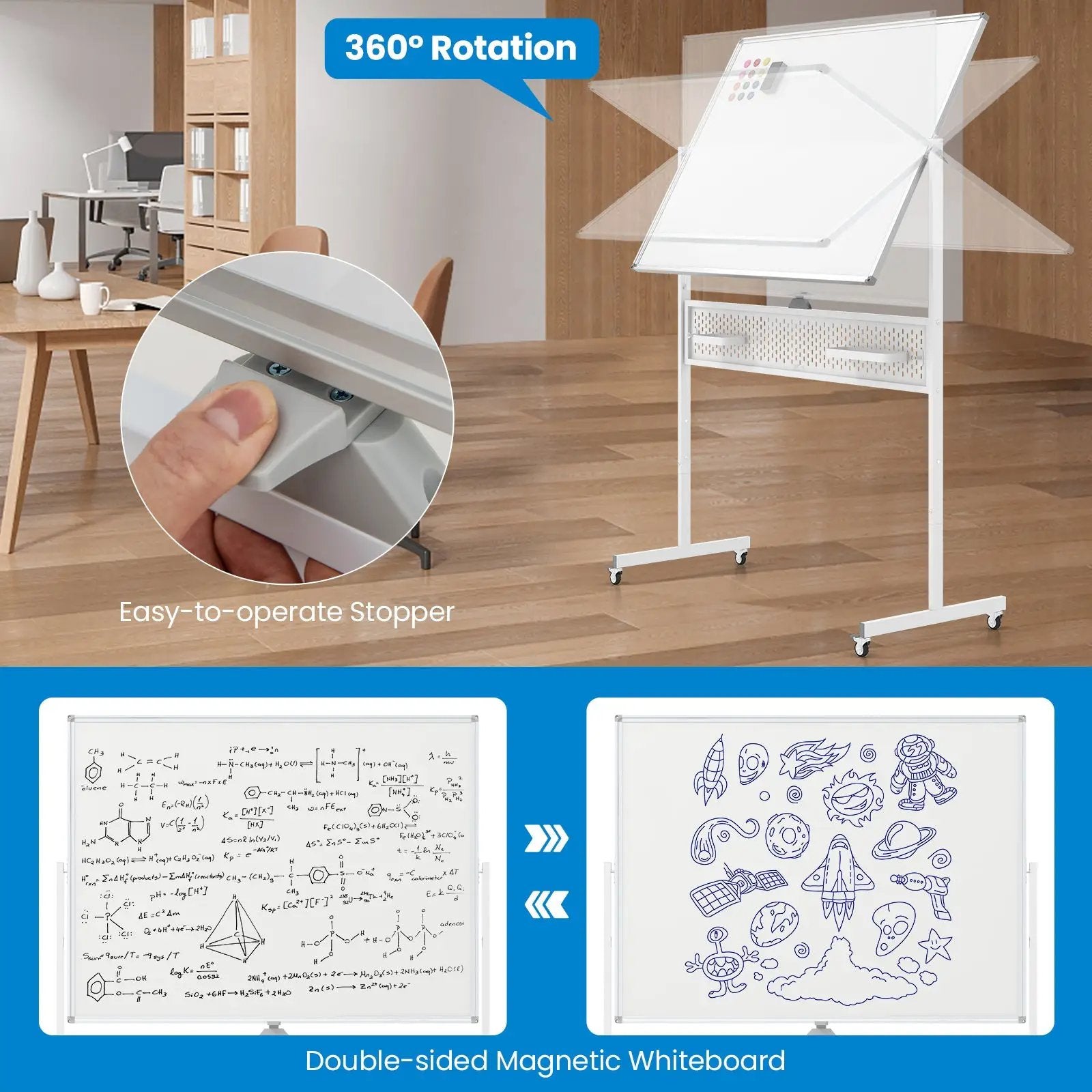Mobile Whiteboard Adjustable Double-Sided Magnetic Board with Pegboard-White by DirectDeals