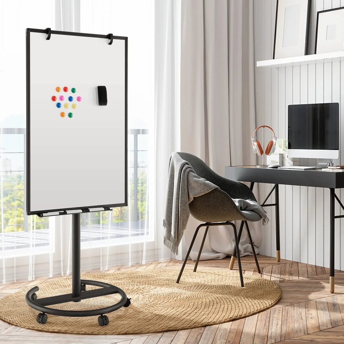 Height-Adjustable Mobile Whiteboard with Round Stand Paper Clips
