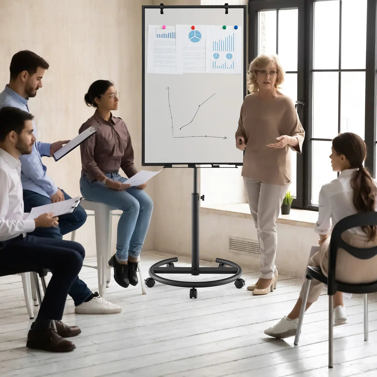 Height-Adjustable Mobile Whiteboard with Round Stand Paper Clips, photo 2 of 10