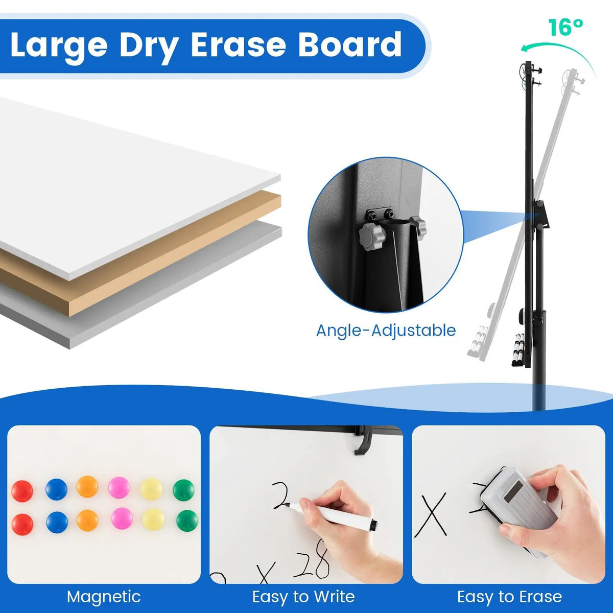 Height-Adjustable Mobile Whiteboard with Round Stand Paper Clips, photo 7 of 10