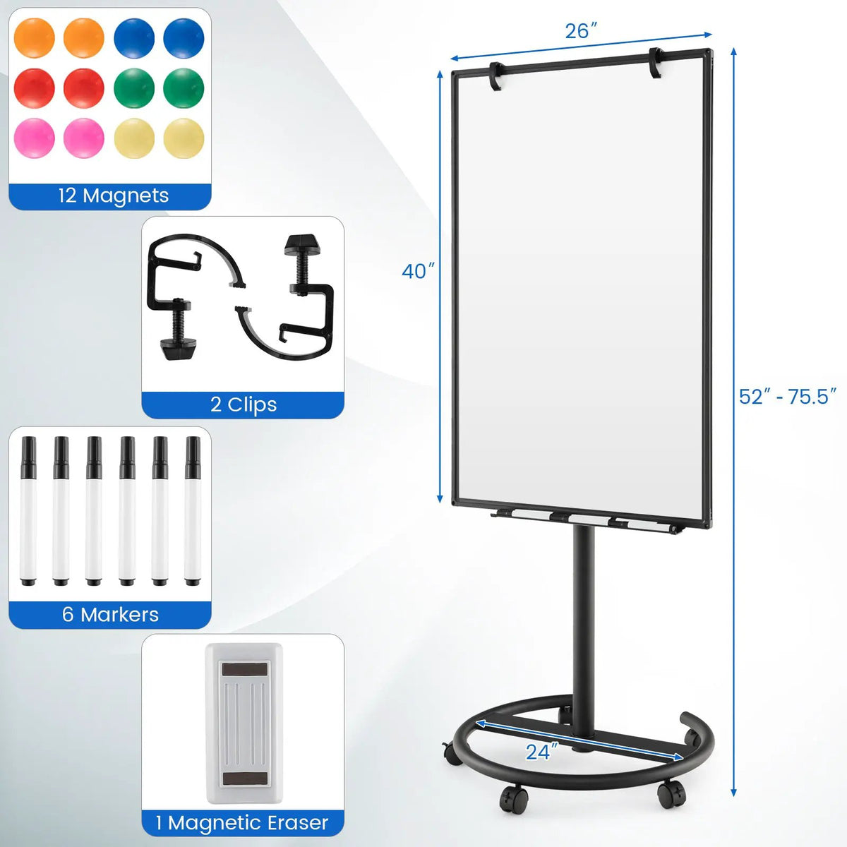 Height-Adjustable Mobile Whiteboard with Round Stand Paper Clips, photo 4 of 10