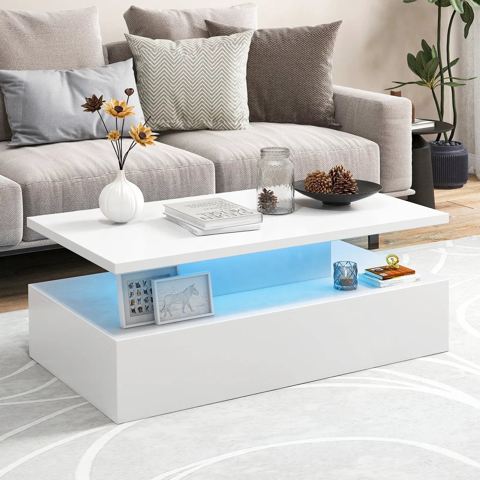 Modern 2-tier High Glossy Table with Adjustable Light Colors for Living Room by DirectDeals