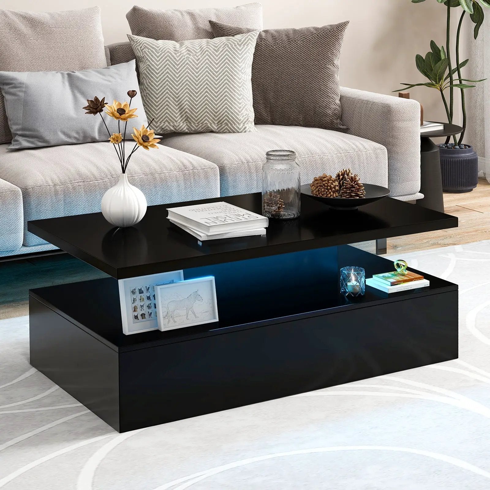 Modern 2-tier High Glossy Table with Adjustable Light Colors for Living Room by DirectDeals