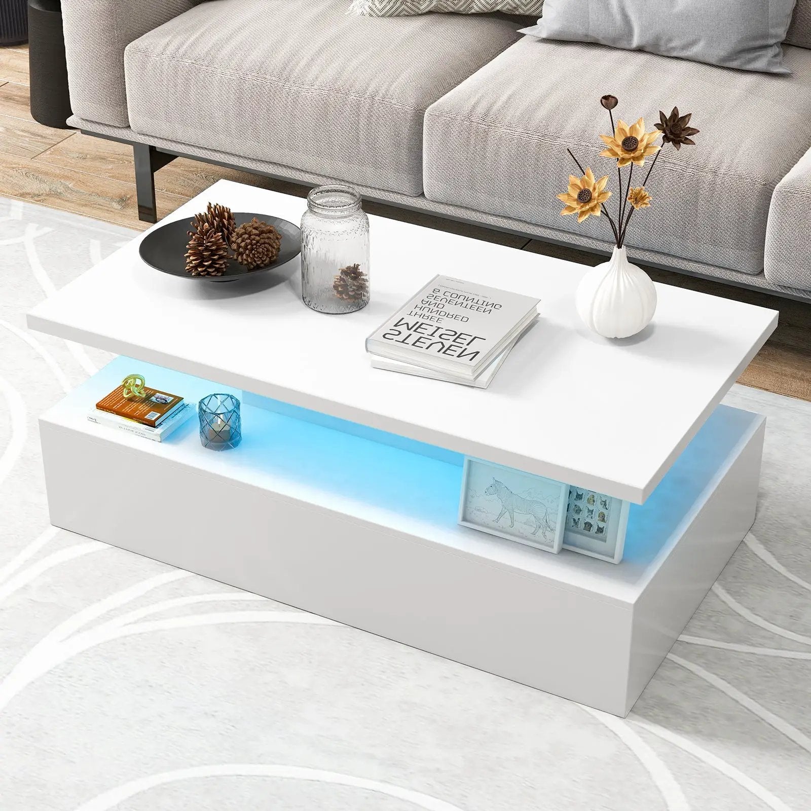 Modern 2-tier High Glossy Table with Adjustable Light Colors for Living Room by DirectDeals
