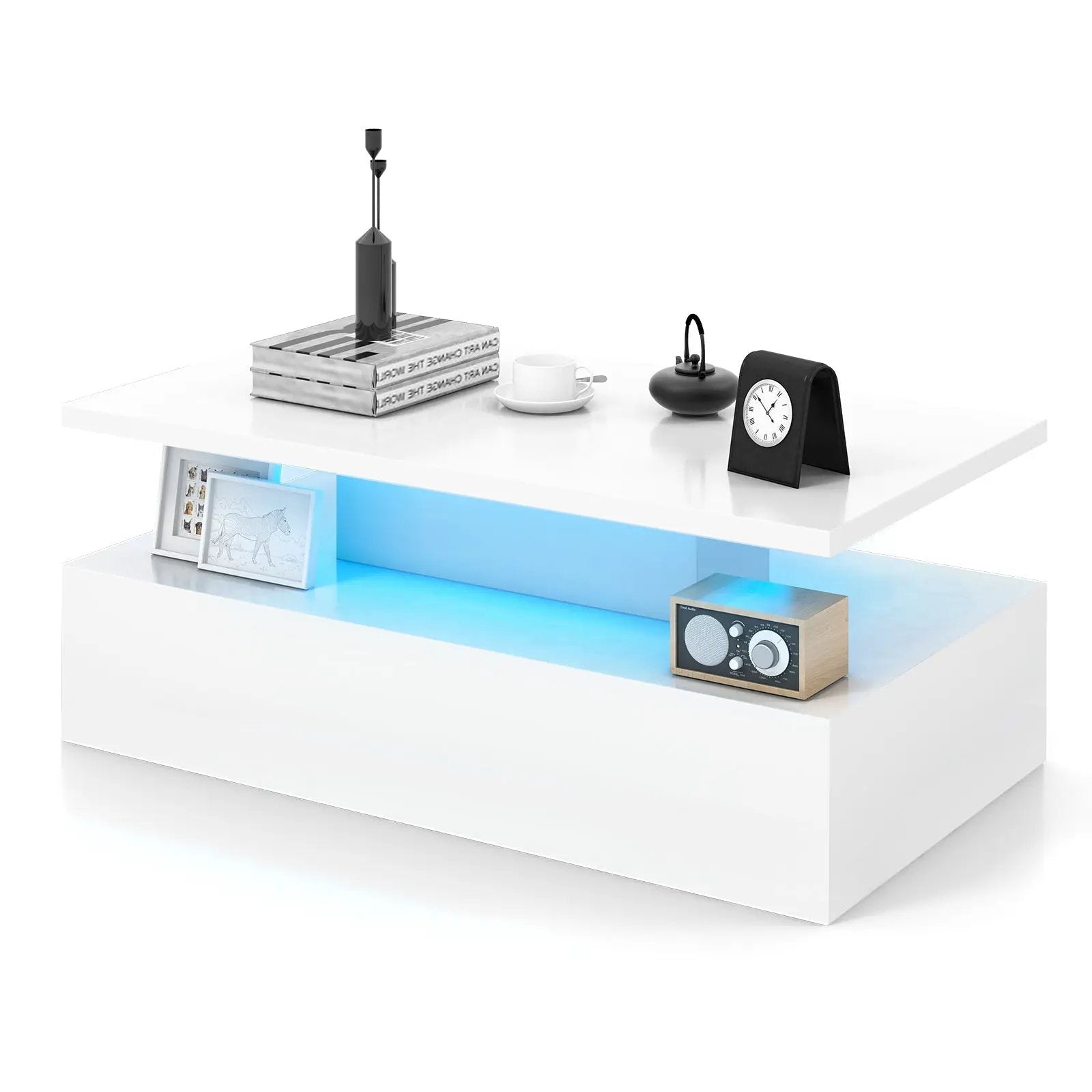 Modern 2-tier High Glossy Table with Adjustable Light Colors for Living Room by DirectDeals