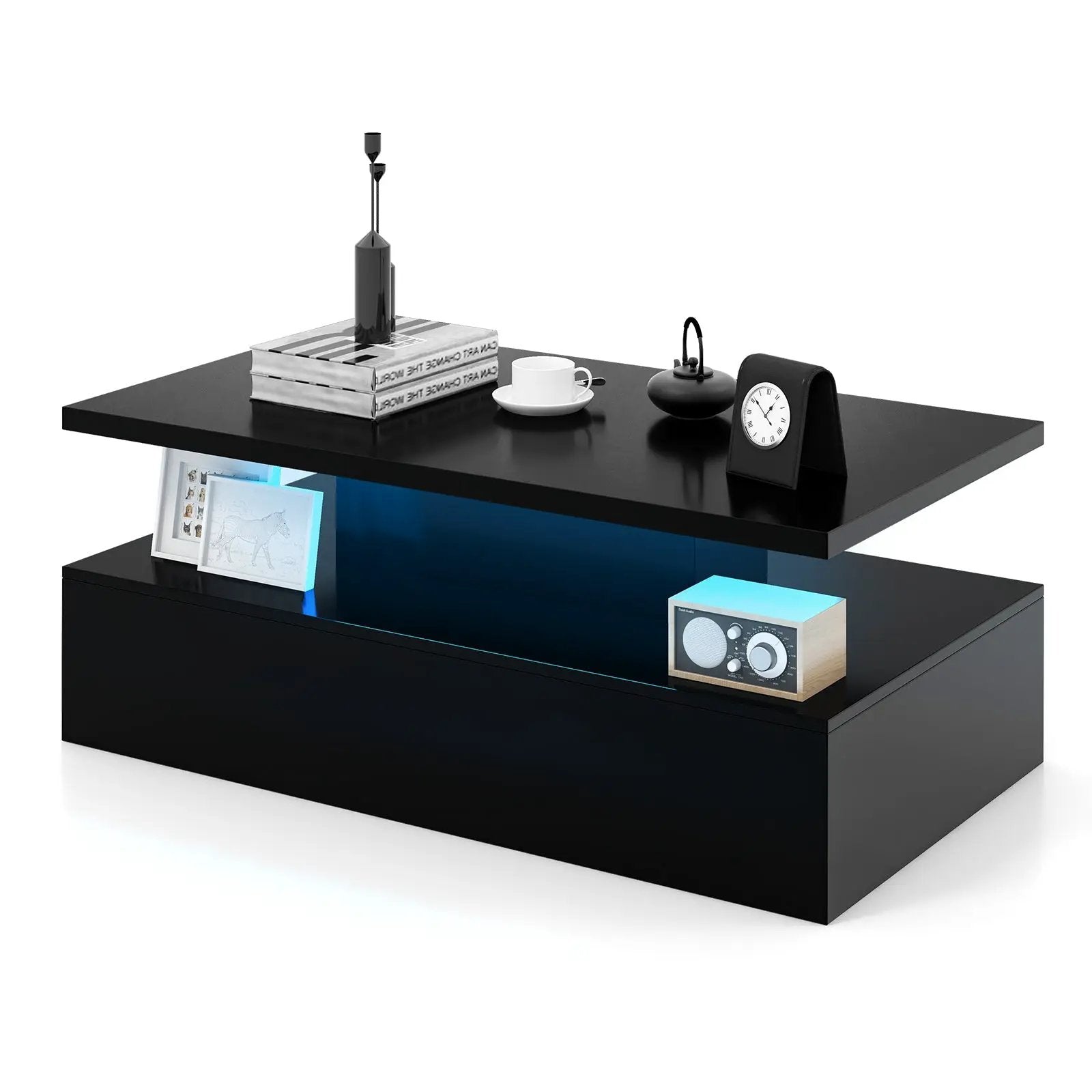 Modern 2-tier High Glossy Table with Adjustable Light Colors for Living Room by DirectDeals