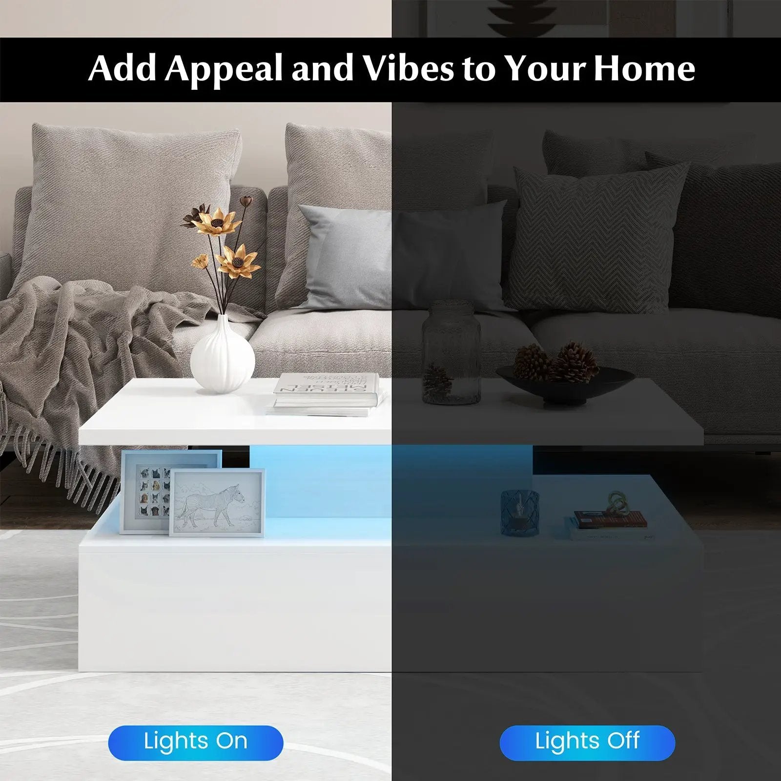 Modern 2-tier High Glossy Table with Adjustable Light Colors for Living Room by DirectDeals