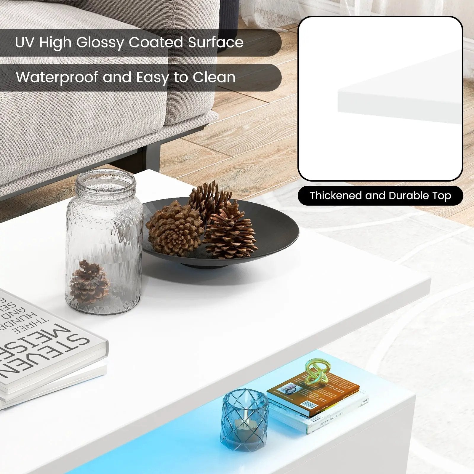 Modern 2-tier High Glossy Table with Adjustable Light Colors for Living Room by DirectDeals
