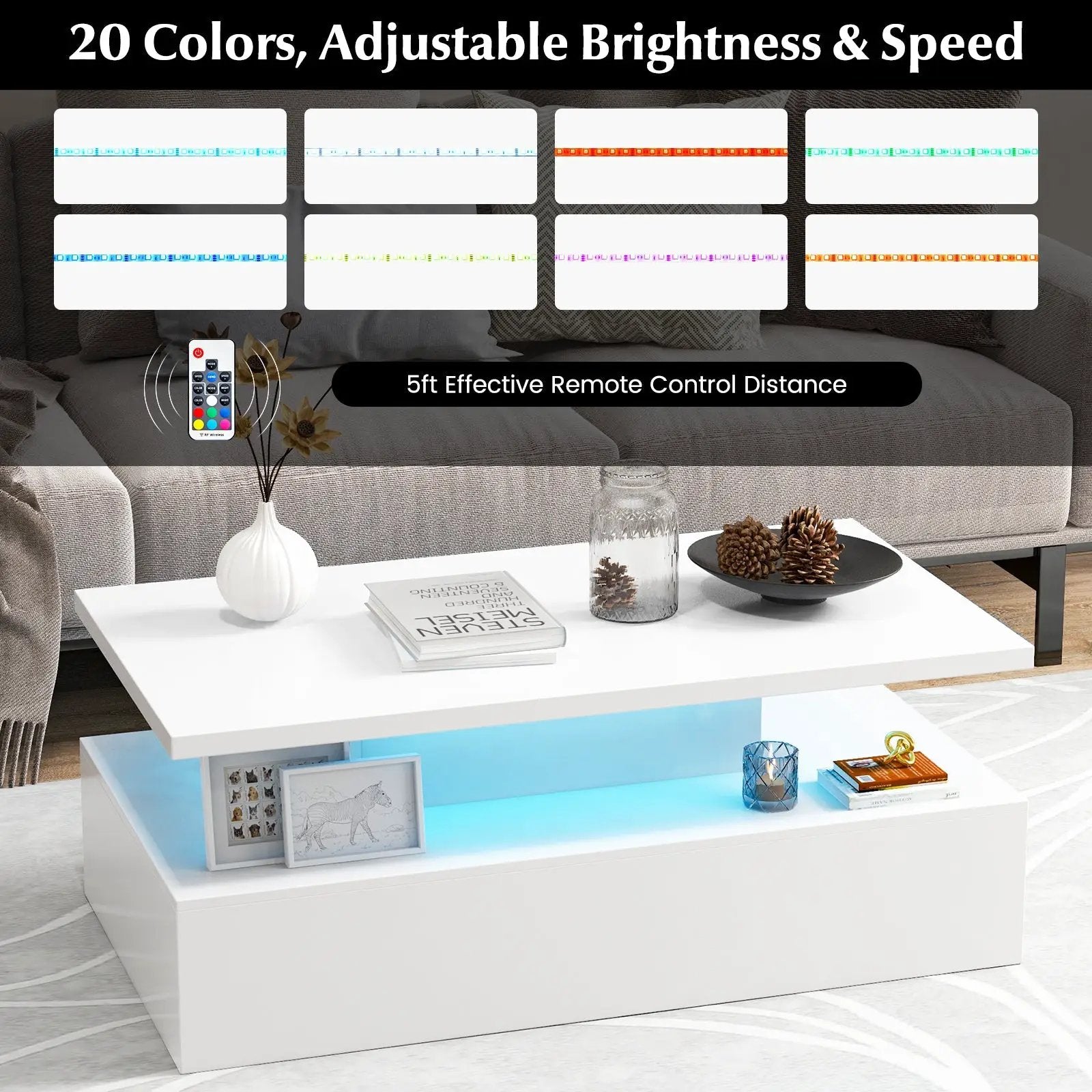 Modern 2-tier High Glossy Table with Adjustable Light Colors for Living Room by DirectDeals