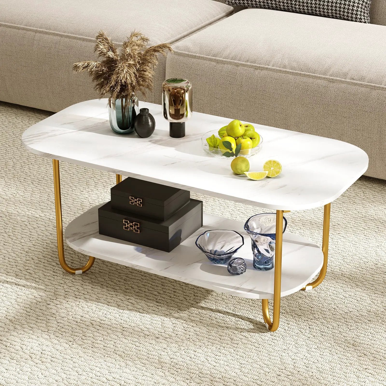 Modern 2-tier Faux Marble Top Coffee Table-White by DirectDeals