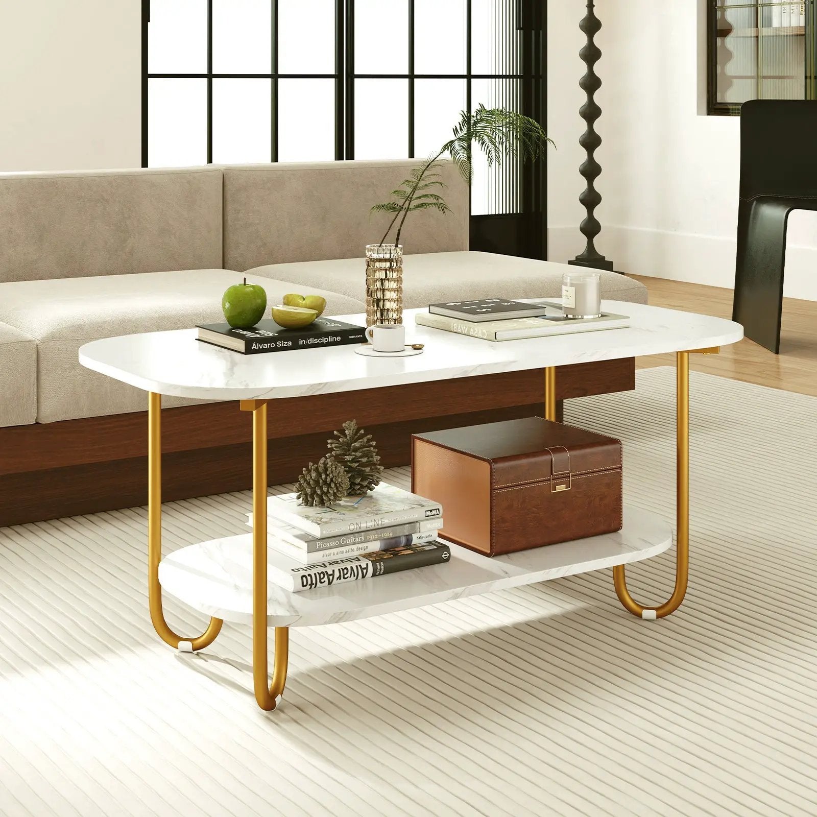 Modern 2-tier Faux Marble Top Coffee Table-White by DirectDeals